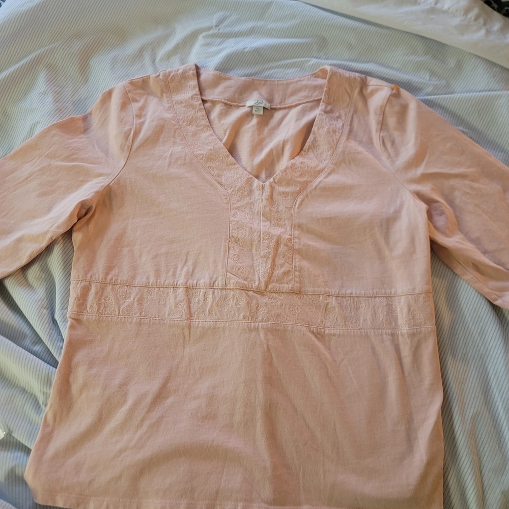 J Jill Women XL Pink Embroidered V‎ Neck 3/4 Sleeve Casual Tunic Top